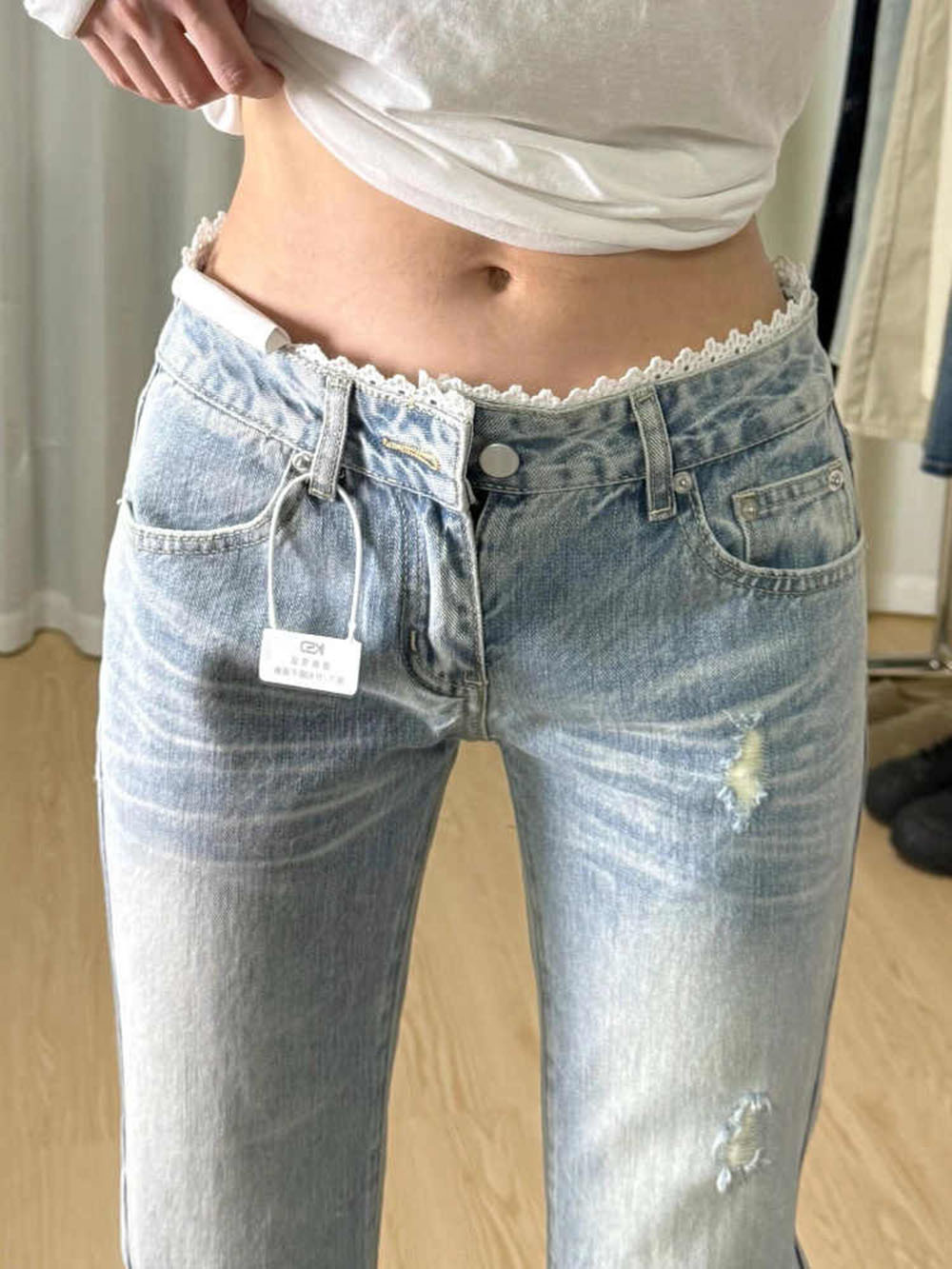 Women Shoes Jeans - 레이스 디자인 연청 여성 데님 플레어
