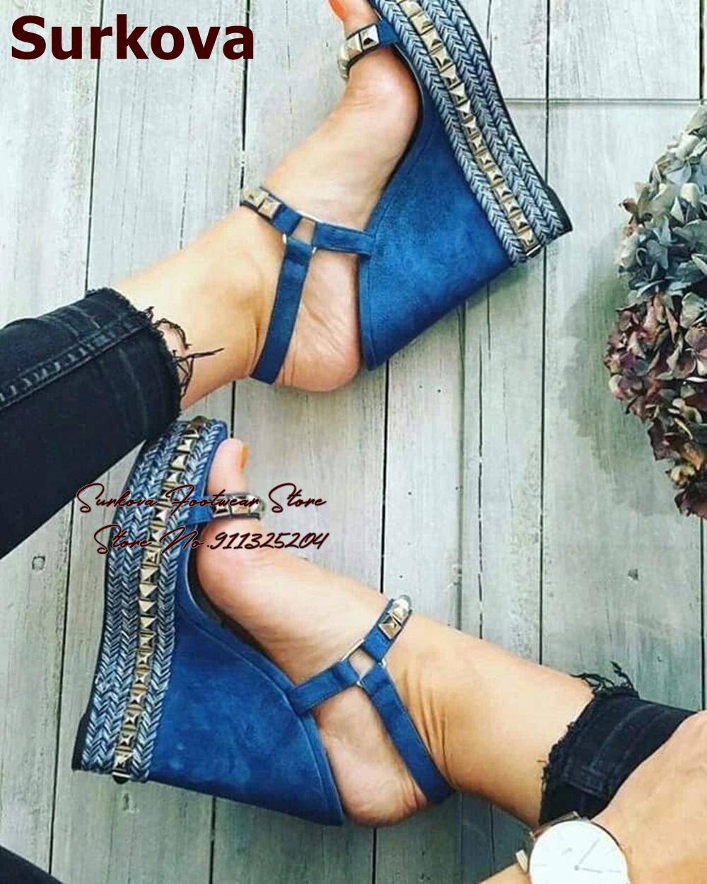 Women Shoes Jeans - Surkova 블루 데님 웨지 힐, 골드