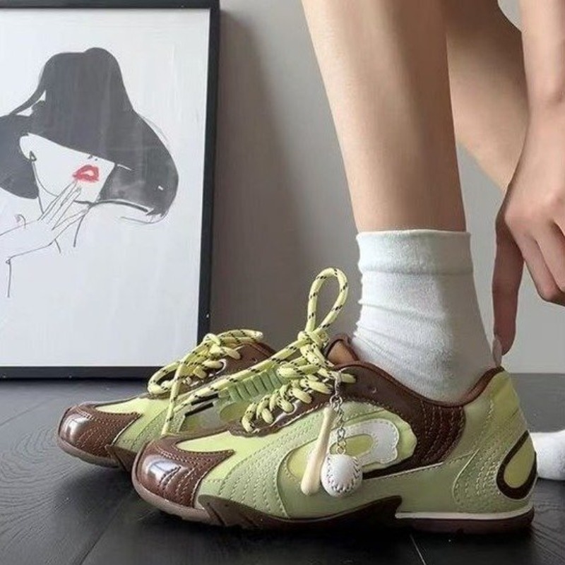 Women Shoes Brown Colour - 빈티지 여성용 디컨스트럭티드 스니커즈 브라운-그린 대비색