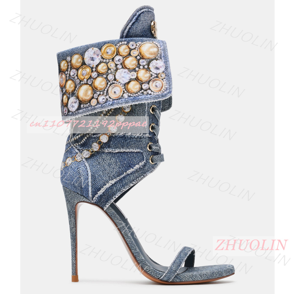 여성 블루 데님 라인스톤 샌들 레이스업 앵클 커프 스틸 - Women Shoes Us To Eu 리뷰 및 가격