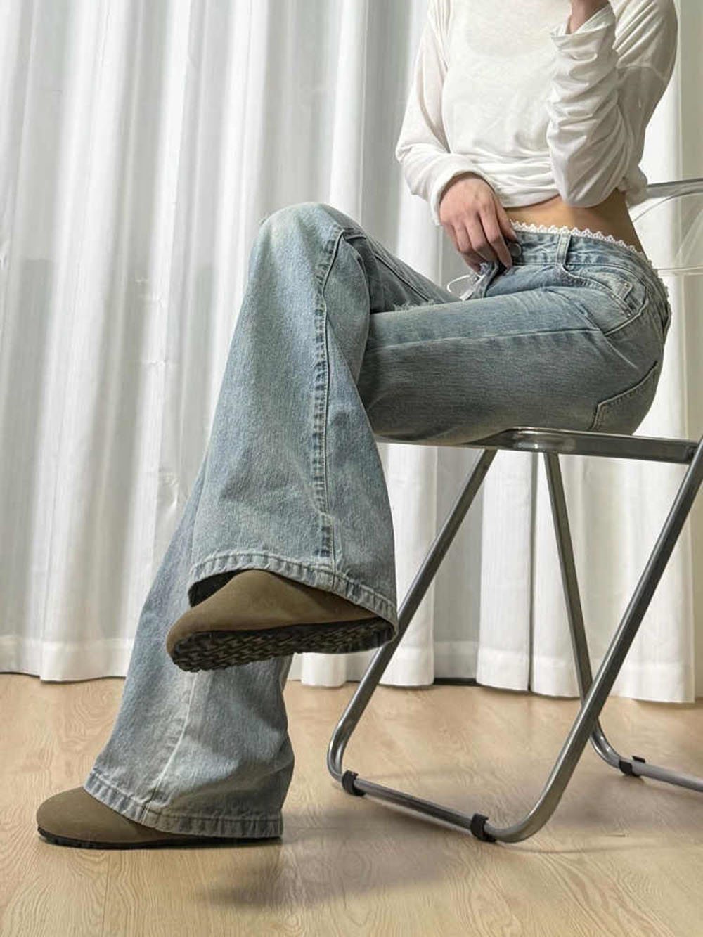 레이스 디자인 연청 여성 데님 플레어 팬츠 레트로 하이 - Women Shoes Jeans 리뷰 및 가격