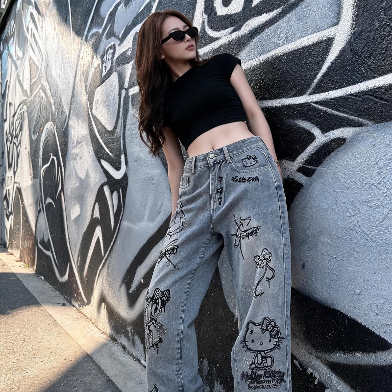 귀여운 케이오키티 라인스톤 그래피티 스트릿 Y2K 패션 - Women Shoes Jeans 리뷰 및 가격